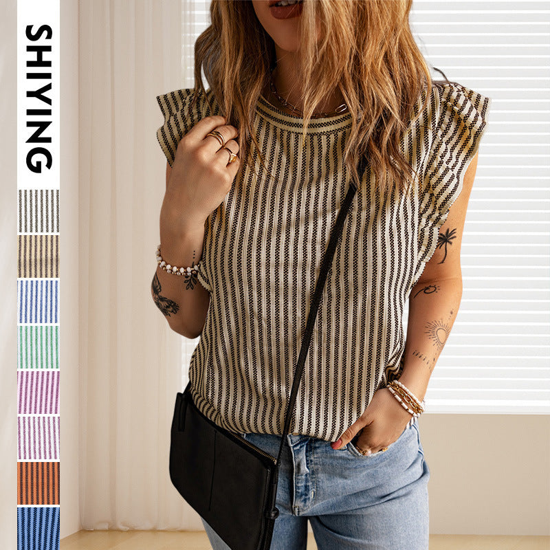 Women's top with ruffle details and striped pattern, size