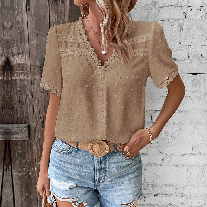 Women's short-sleeved blouse with lace trim and textured design, size S