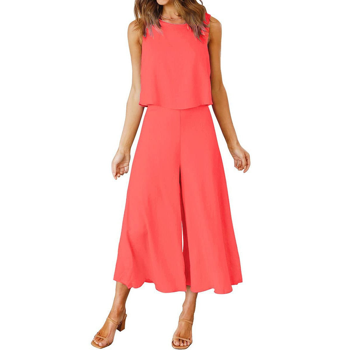 Women's airy jumpsuit with flared leg and sleeveless design, size S