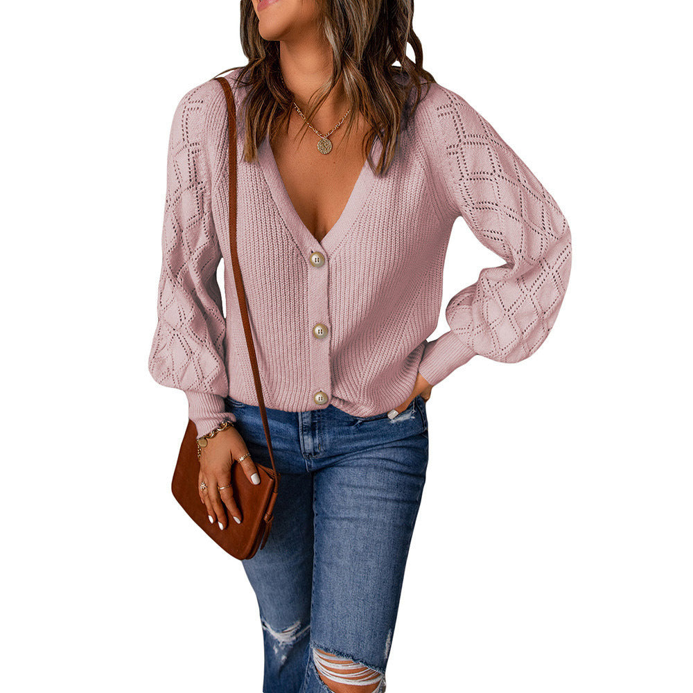 Damen Cardigan mit V-Ausschnitt und Puffärmeln, Größe