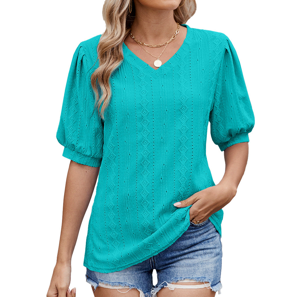 Women's blouse with elegant puff sleeves and delicate openwork pattern, size
