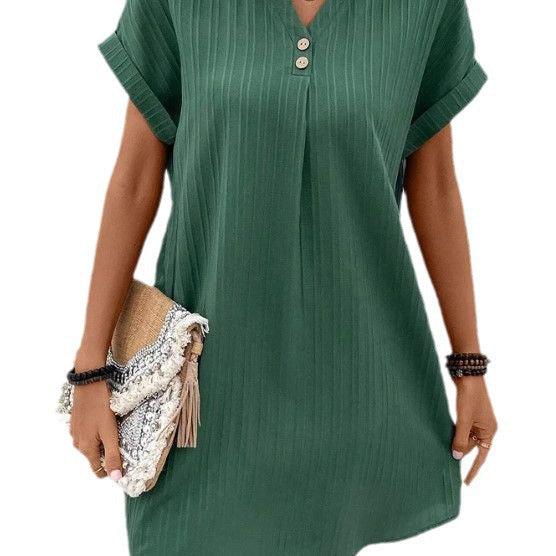 Women's short-sleeved dress with button placket and fine vertical stripe pattern, size