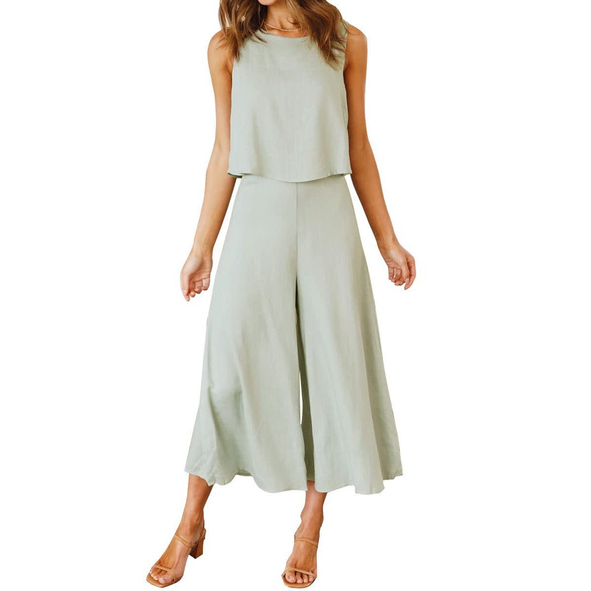 Women's airy jumpsuit with flared leg and sleeveless design, size S