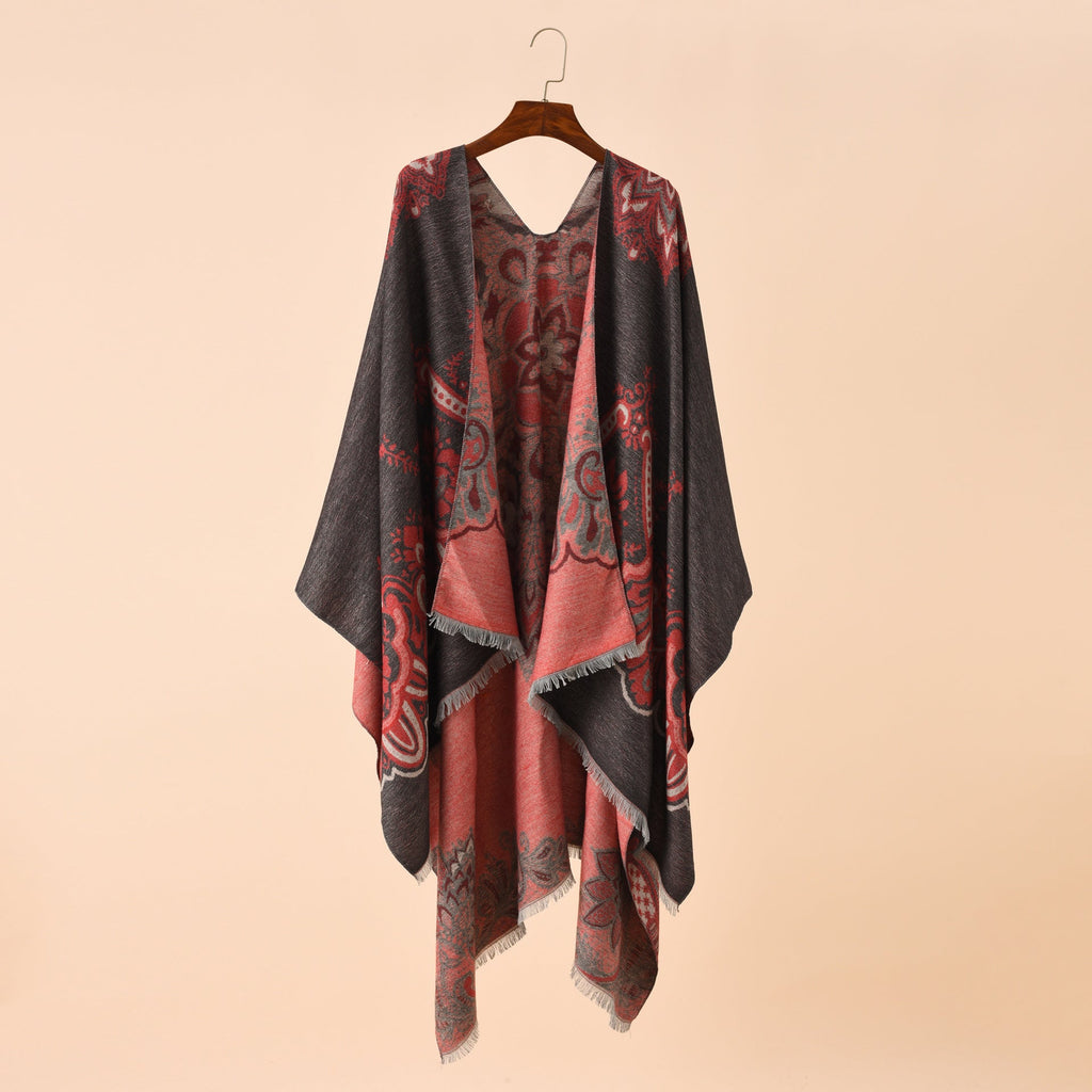 Women's Elegant Kimono Poncho with Artful Pattern and Fringed Edges Valenzora