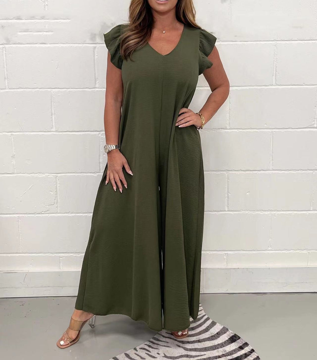 Women's upscale jumpsuit with voluminous ruffled sleeves and V-neck, size S