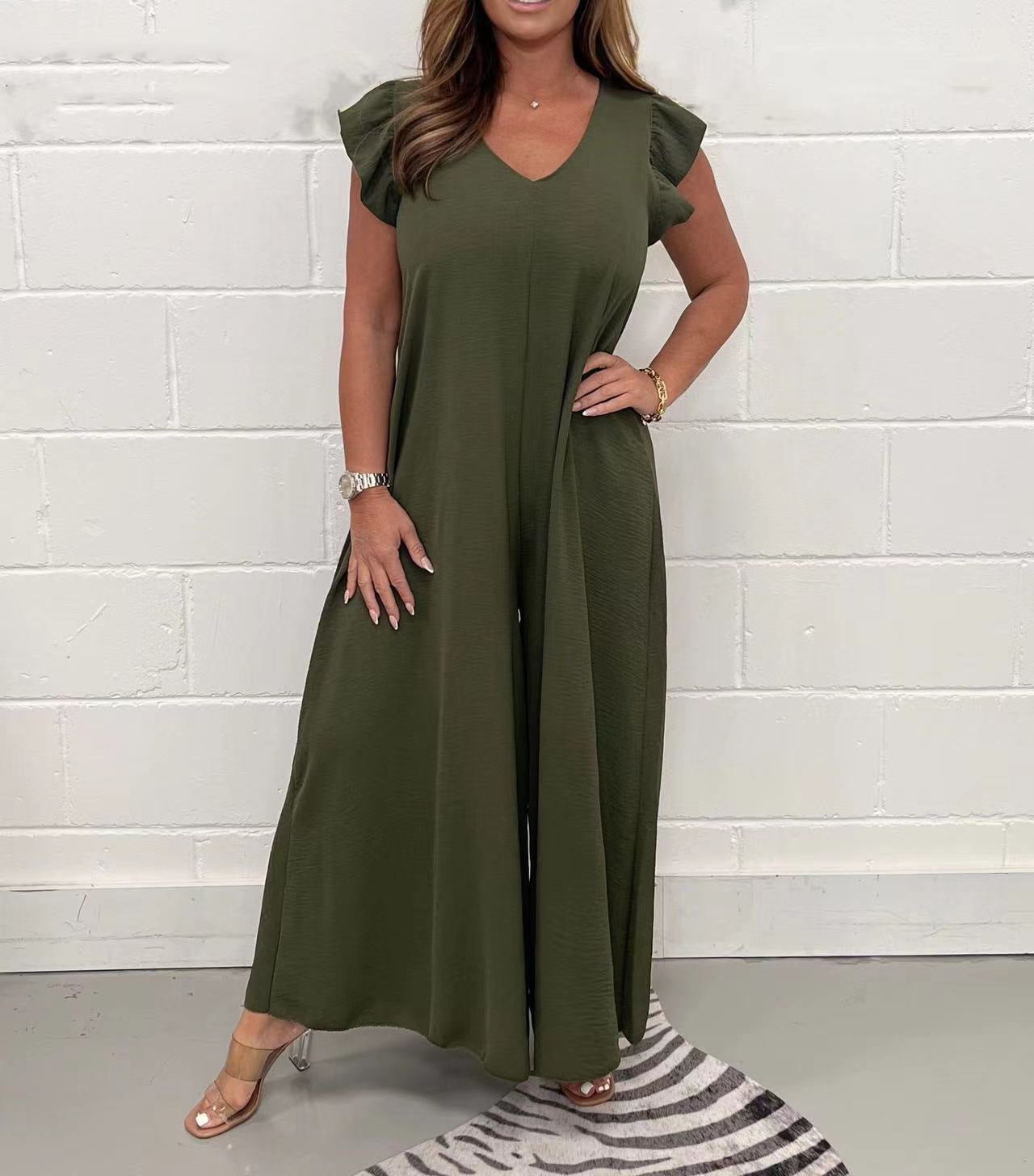 Women's upscale jumpsuit with voluminous ruffled sleeves and V-neck, size S