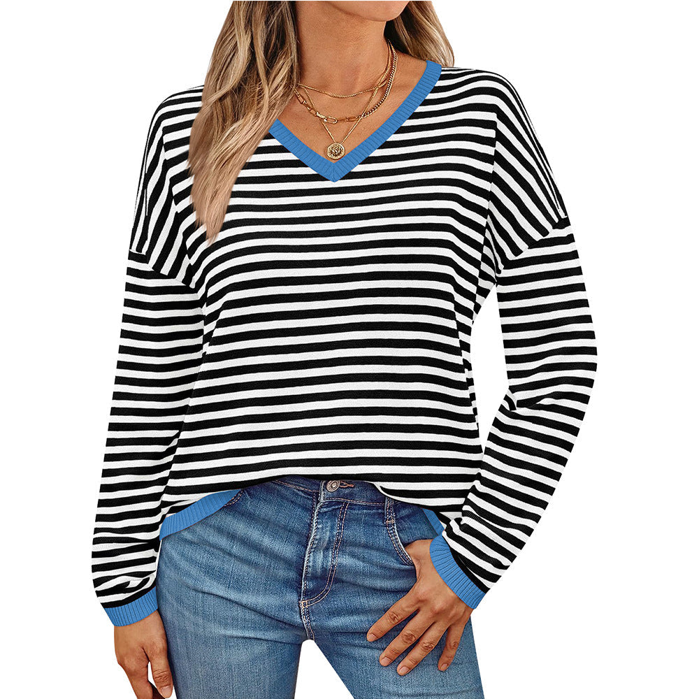 Women's casual sweater with a low V-neck and colorful striped pattern, size S