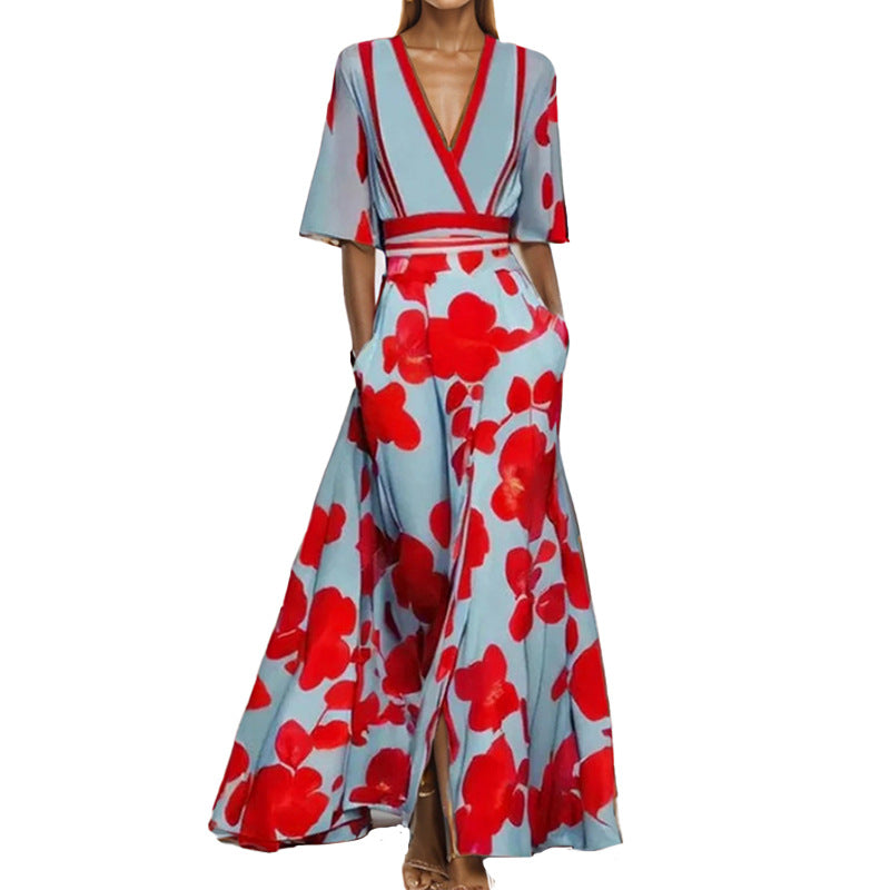 Valenzora | Elegantes V-Ausschnitt-Kleid mit Druck und Schößchen
