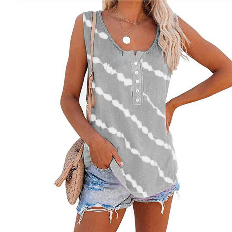 Ärmelloses Damen-Top mit Knopfleiste und modernem Batikmuster, Größe
