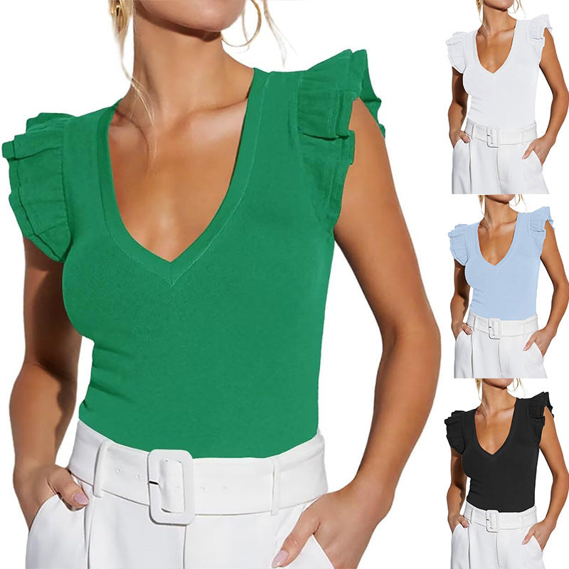 Women's sleeveless top with ruffles and V-neck, size
