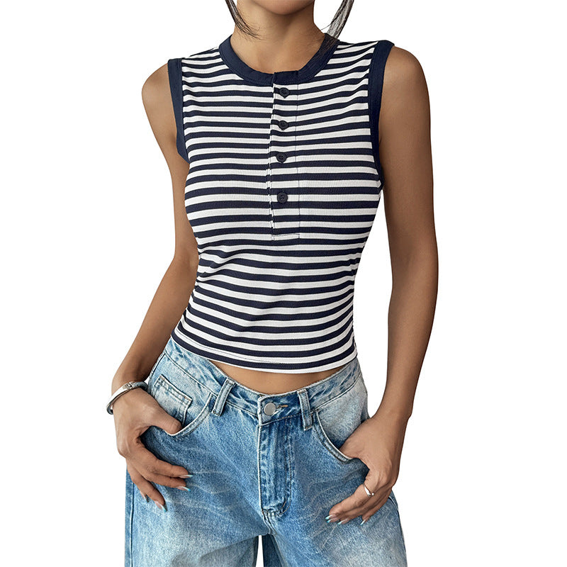 Women's sleeveless top with button placket and modern stripes, size