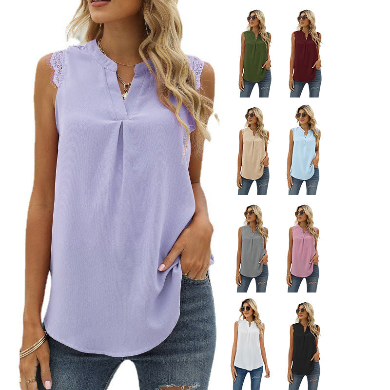 Damen-Bluse ärmellos mit eleganter Spitzen-Einlage und modischen Fältchen, Größe