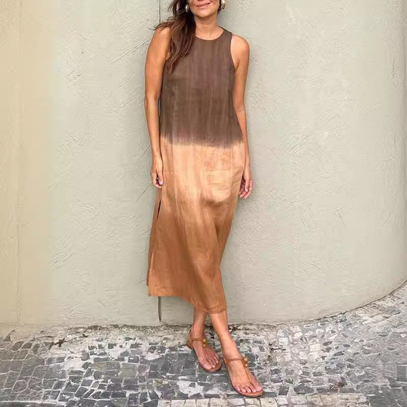 Valenzora | Cotton Linen Sleeveless Slit Gradient Dress