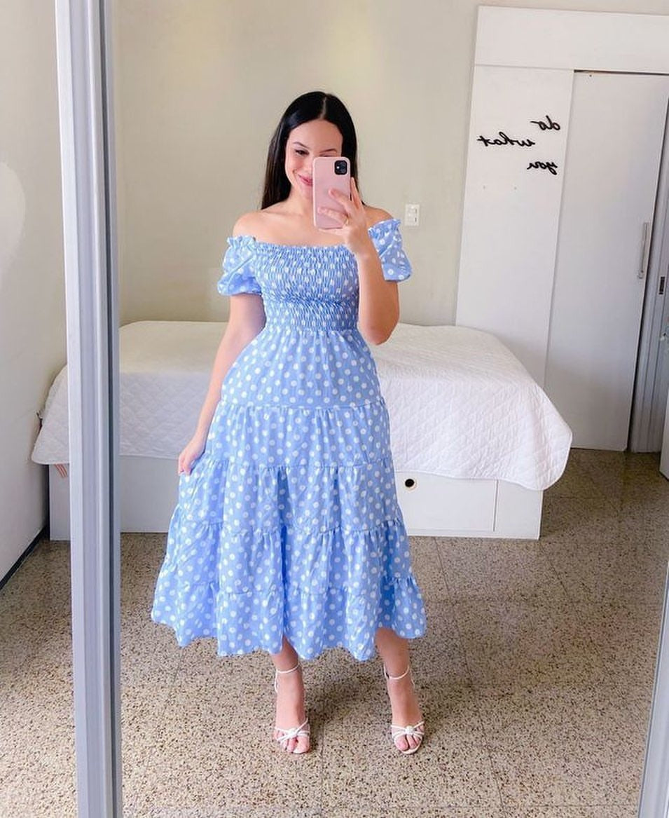 Women's midi dress with off-the-shoulder design and playful butterfly pattern, size S