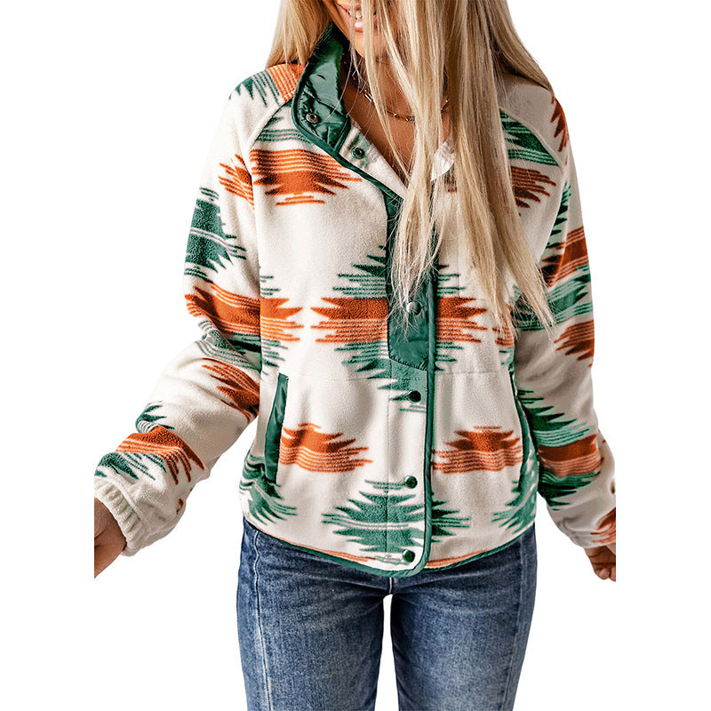 Women's cozy fleece jacket with a modern pattern and practical snap fasteners, size [size missing]