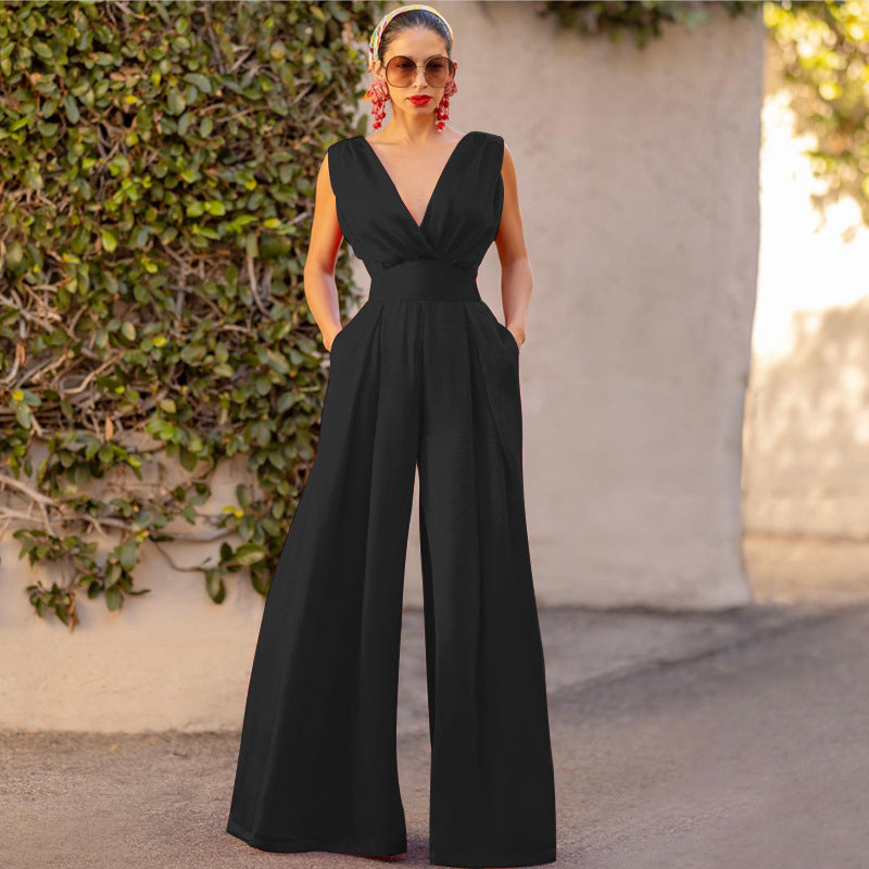 Valenzora | Jumpsuit High Waist Sleeveless Deep V-neck Wide Leg Elegant Fit