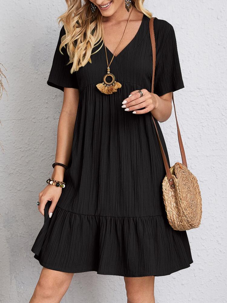 Damen Freizeitkleid mit voluminösem Saum und V-Ausschnitt, Größe