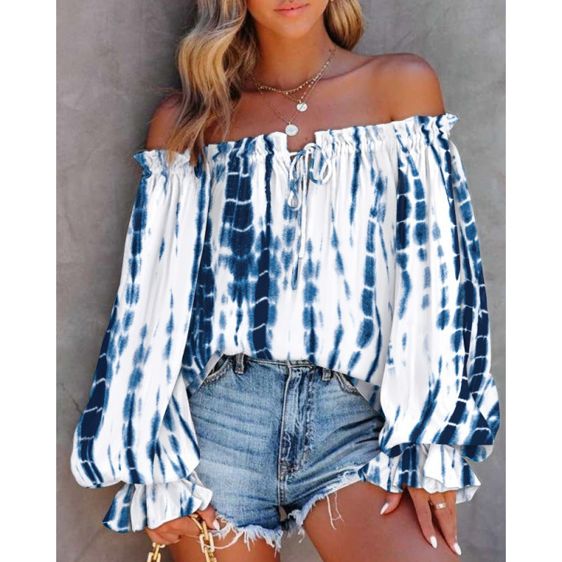 Women's off-the-shoulder blouse with colorful pattern and elastic hem, size [size missing]