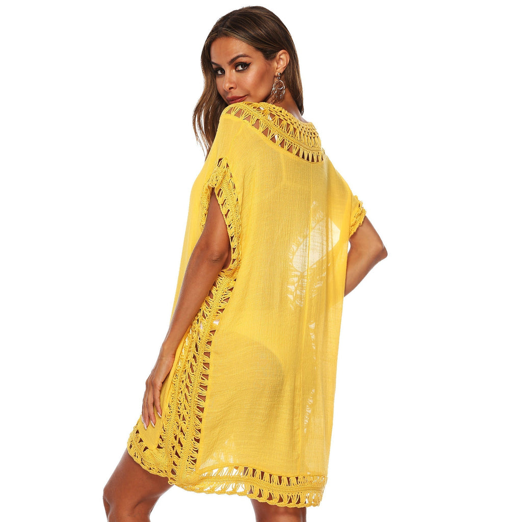 Women's beach tunic with artistic crochet embellishments, size Valenzora