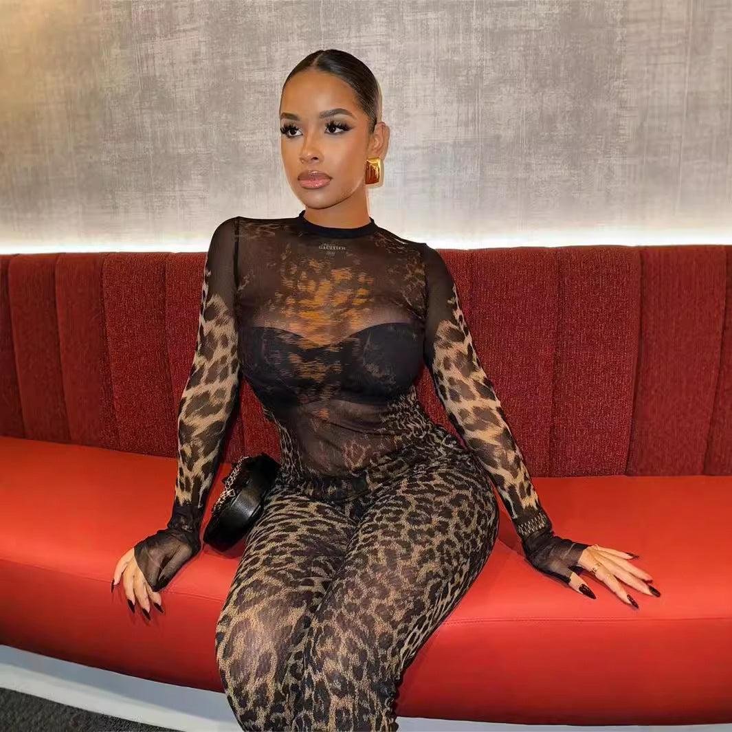 Valenzora | Leopard print long-sleeved top and pants set