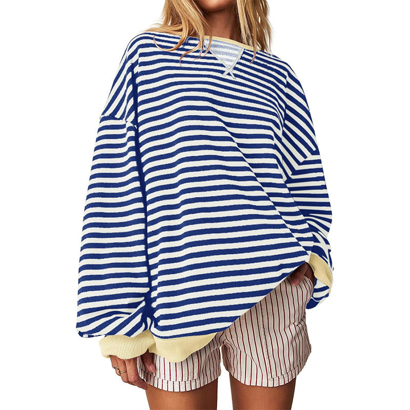 Women's Comfortable Striped Sweater with Raglan Sleeves and Elastic Cuffs Size
