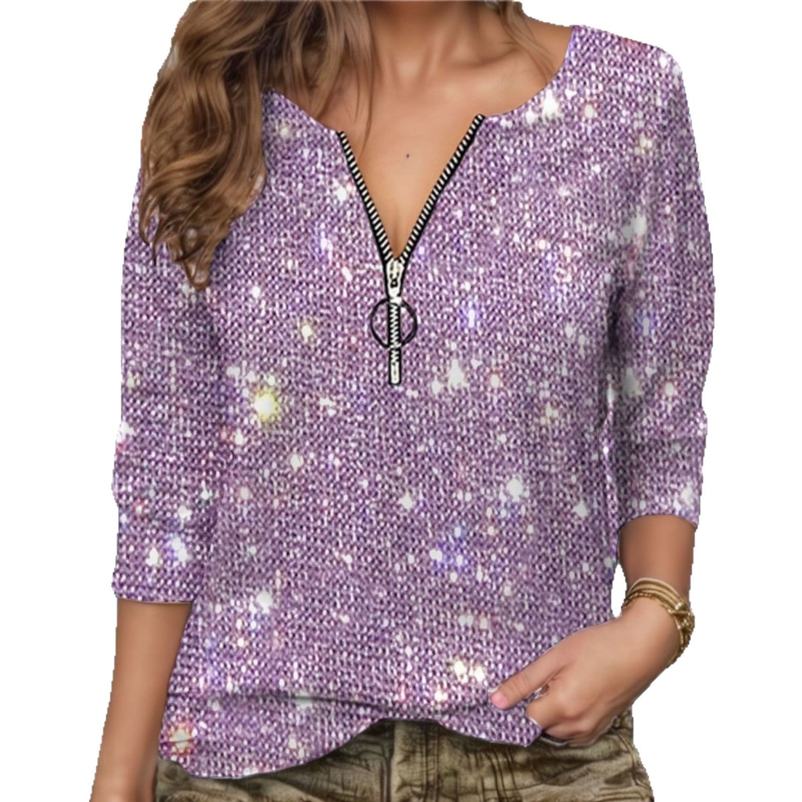 Women's Glittering Zip Blouse with 3/4 Sleeves Size