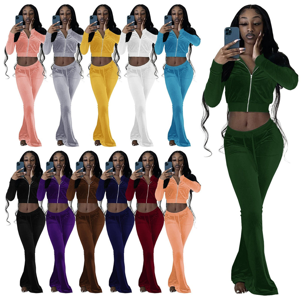 Women's velour tracksuit with zip front and wide-leg trousers, size
