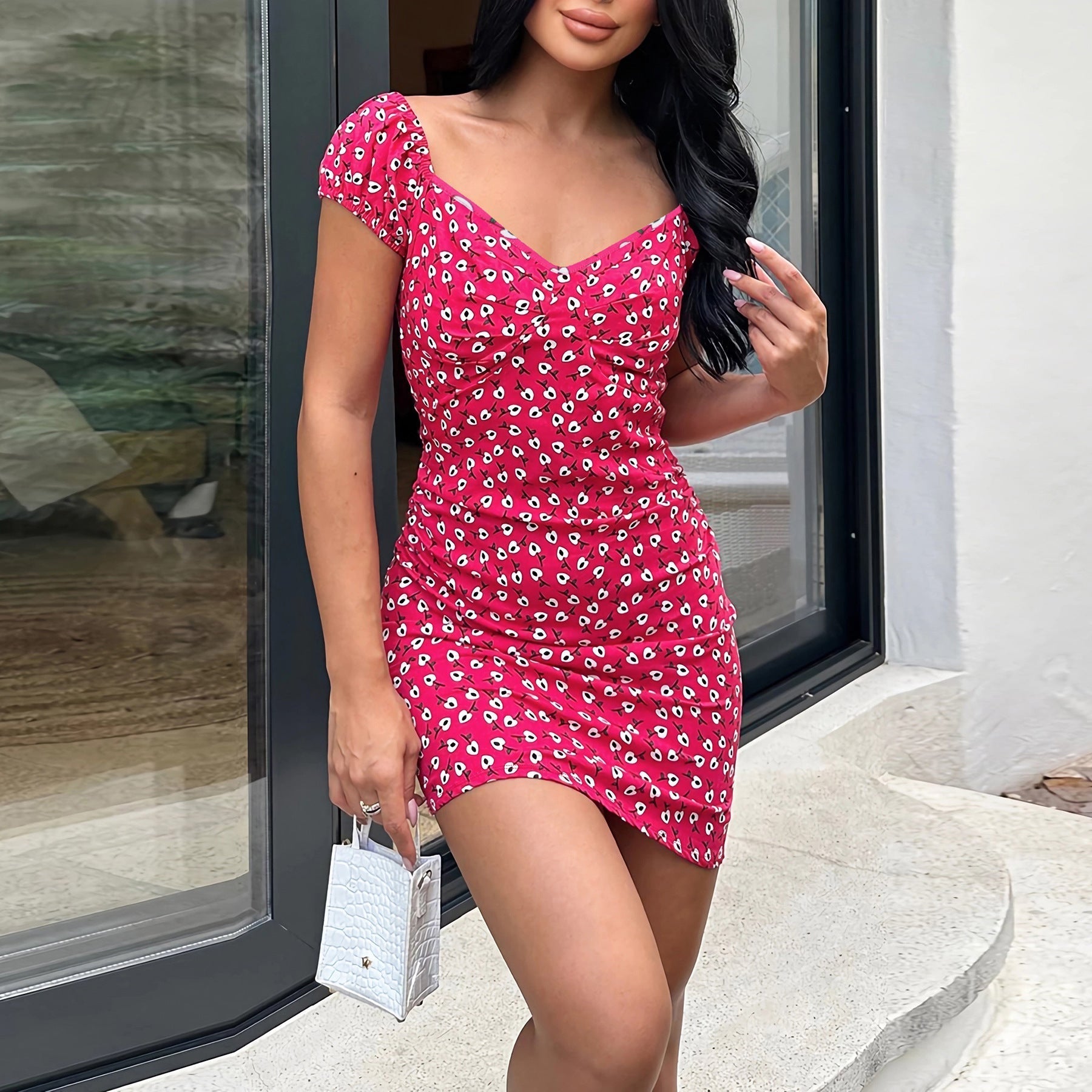 Damen Mini-Kleid mit Blumenmuster und Puffärmeln, Größe