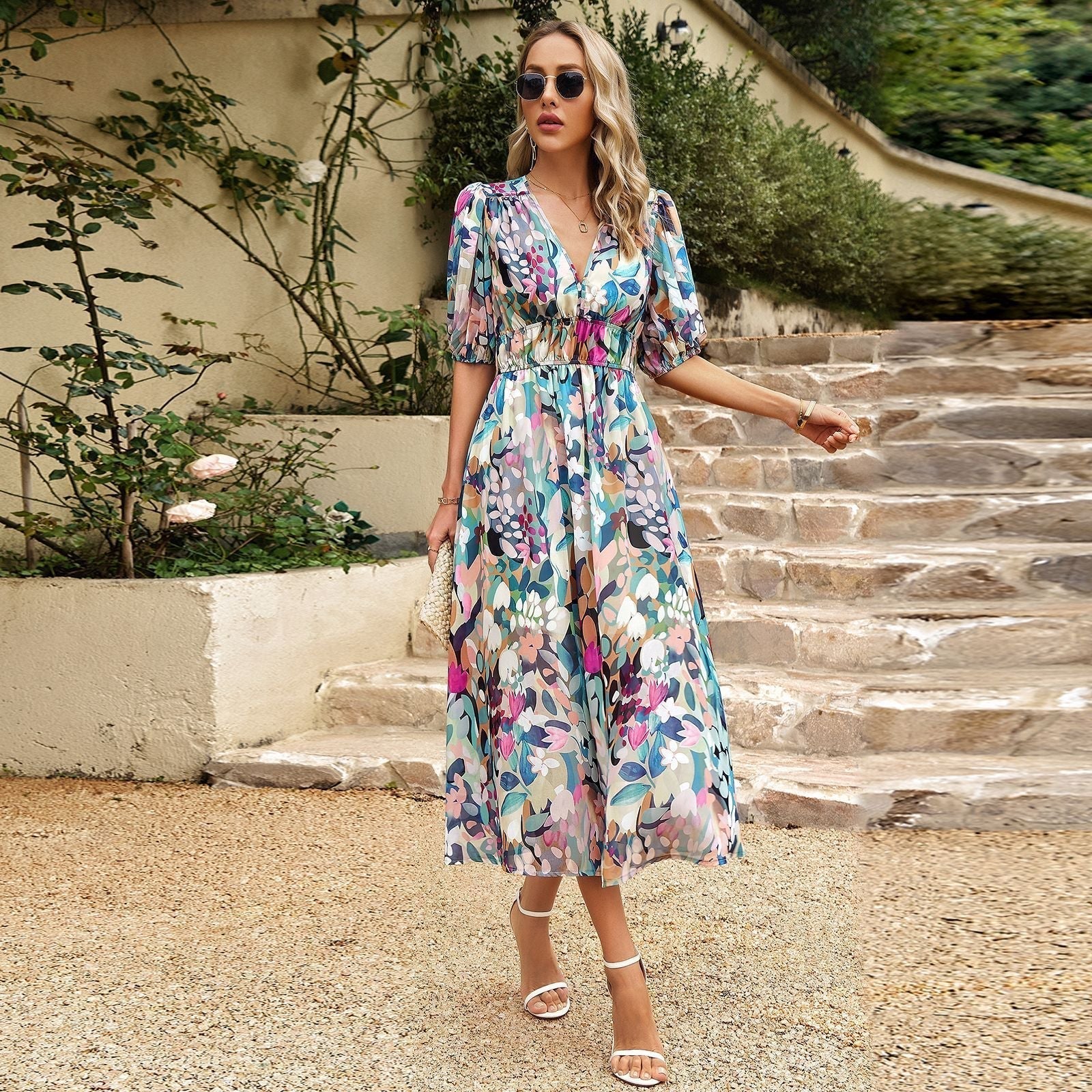 Valenzora | Waist-Lowering V-Neck Printed Long Skirt Dress