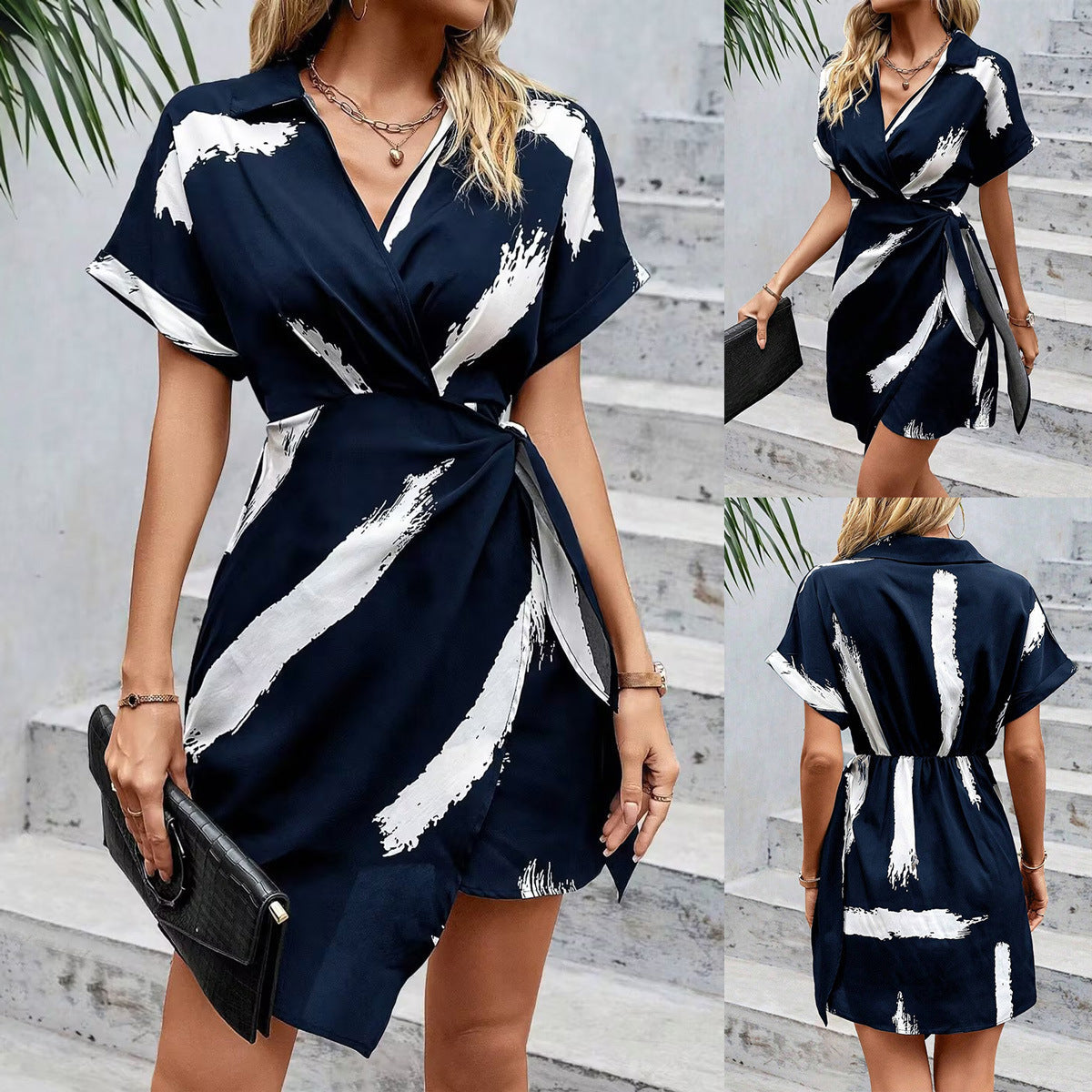 Valenzora | Elegant printed V-neck dress with bow