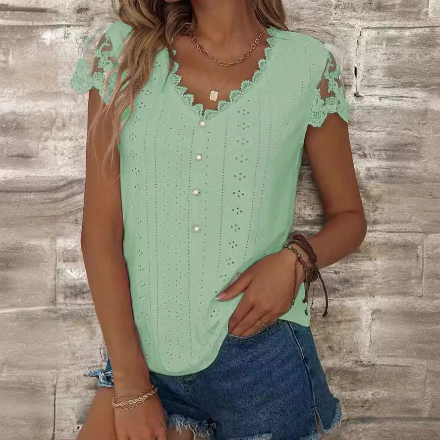 Women's blouse with romantic ruffles and unique eyelet embroidery, size