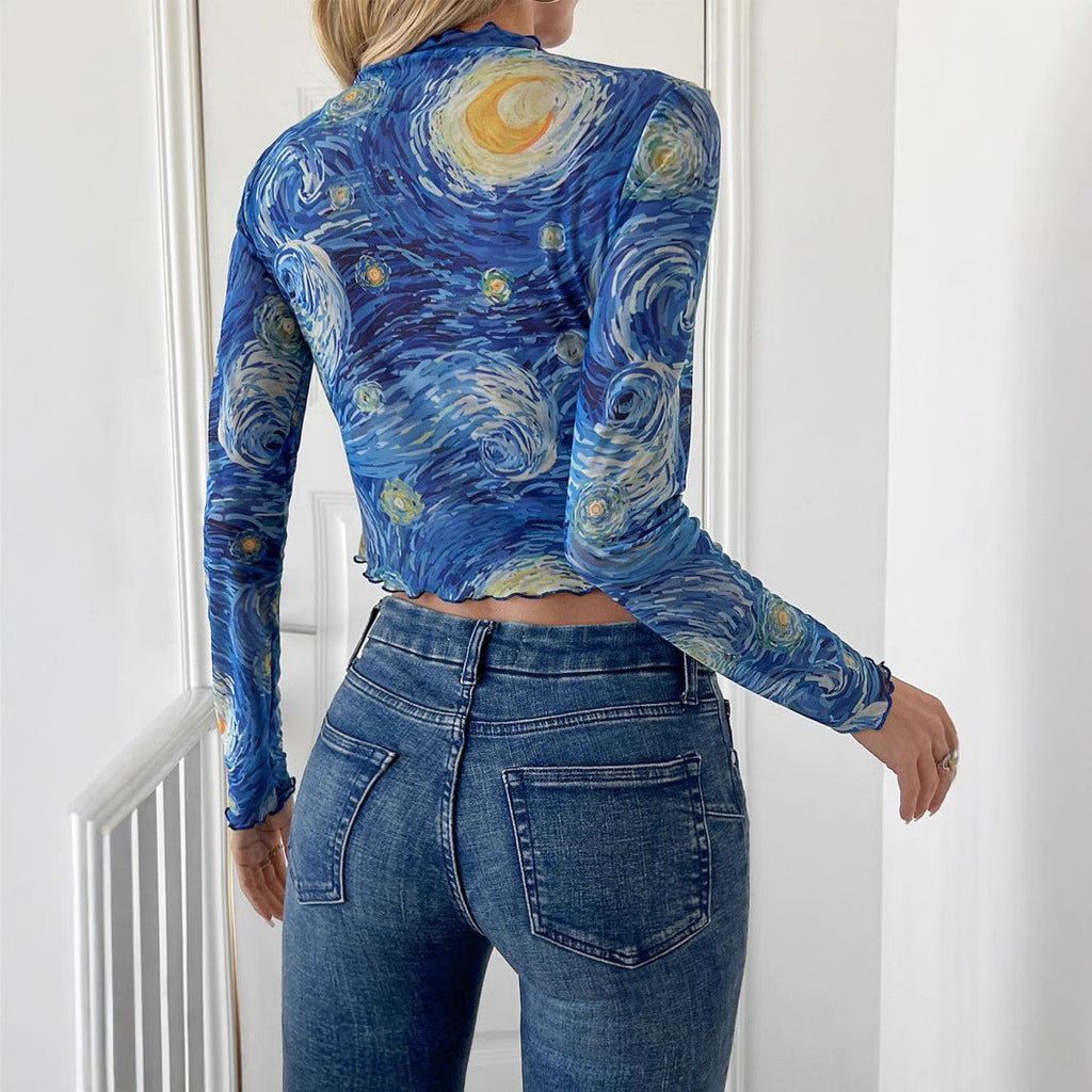 Valenzora | Small stand-up collar starry sky mesh short-sleeved T-shirt