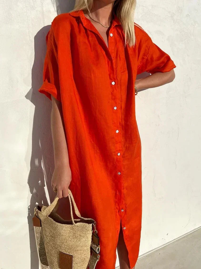 Valenzora | Hemdblusenkleid mit weitem Ausschnitt und schmalen Ärmeln, elegant und lässig, für Damen, Baumwoll- und Leinenkleider