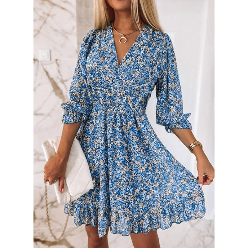 Damen Blusenkleid im romantischen Floral-Design mit V-Ausschnitt und Rüschenärmeln Drune