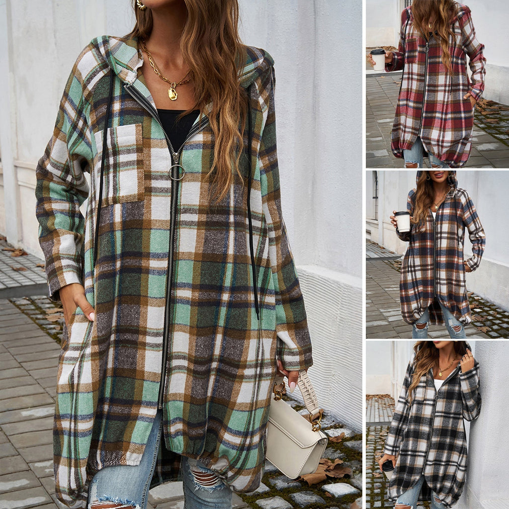 Damen karierte lange Jacke mit Kapuze und Taschen, Größe