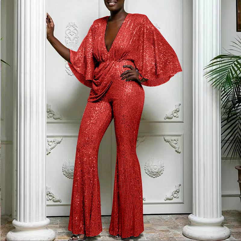 Valenzora | Sequin Deep V Backless Long Pants Jumpsuit