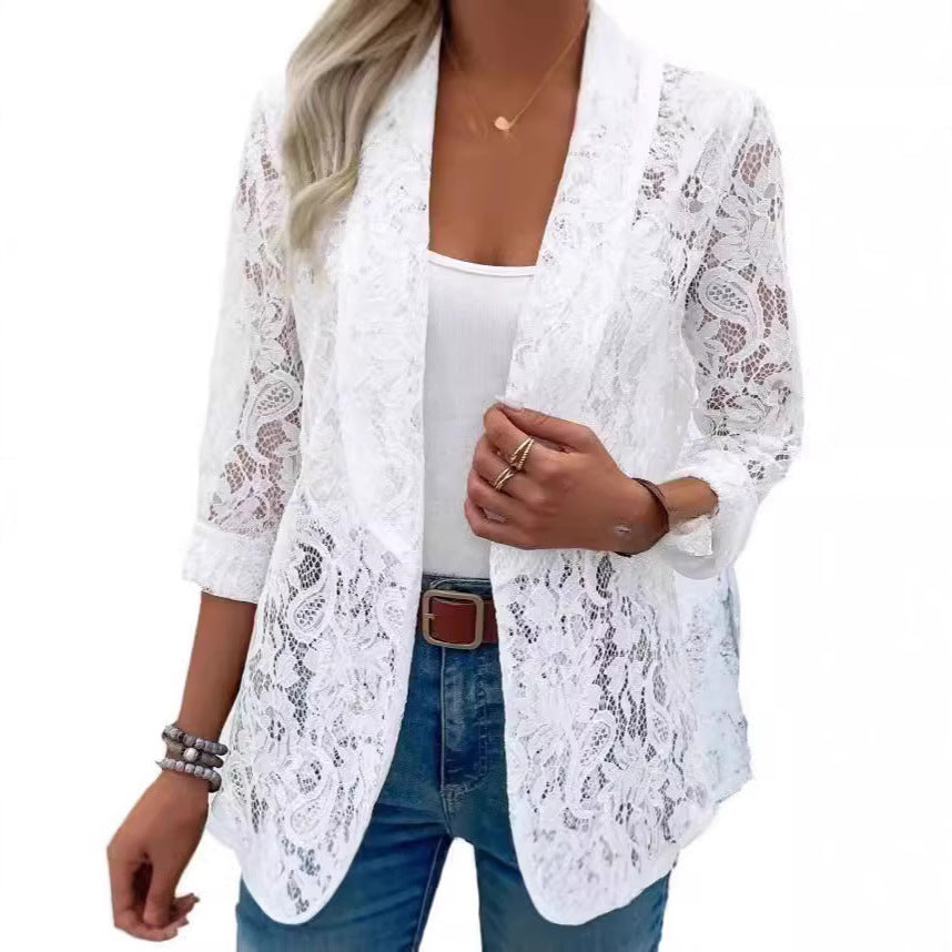 Women's lightweight lace jacket with a relaxed fit and open front, size [size]