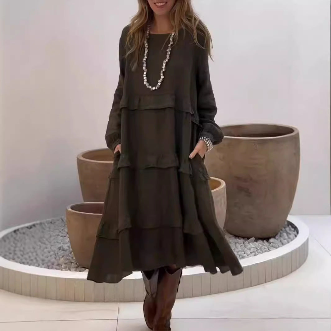 Valenzora | Ruffled round neck long-sleeved dress