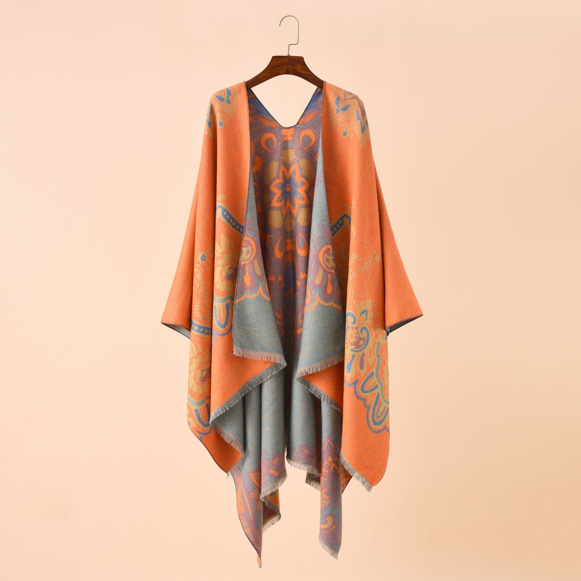 Women's Elegant Kimono Poncho with Artful Pattern and Fringed Edges Valenzora