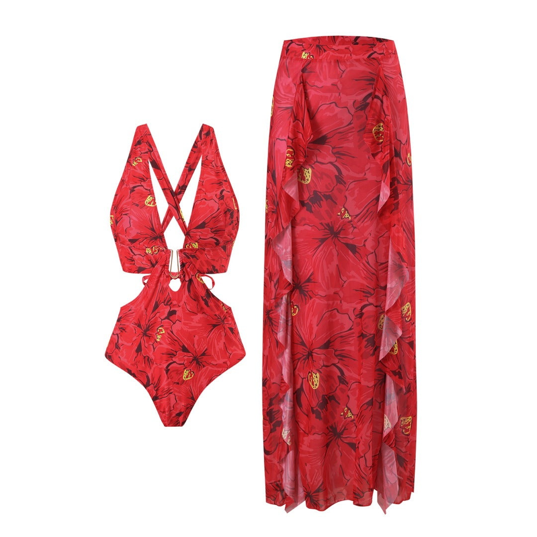 Women's swimsuit and maxi skirt set with floral accents and elegant ruffle details, size [size]