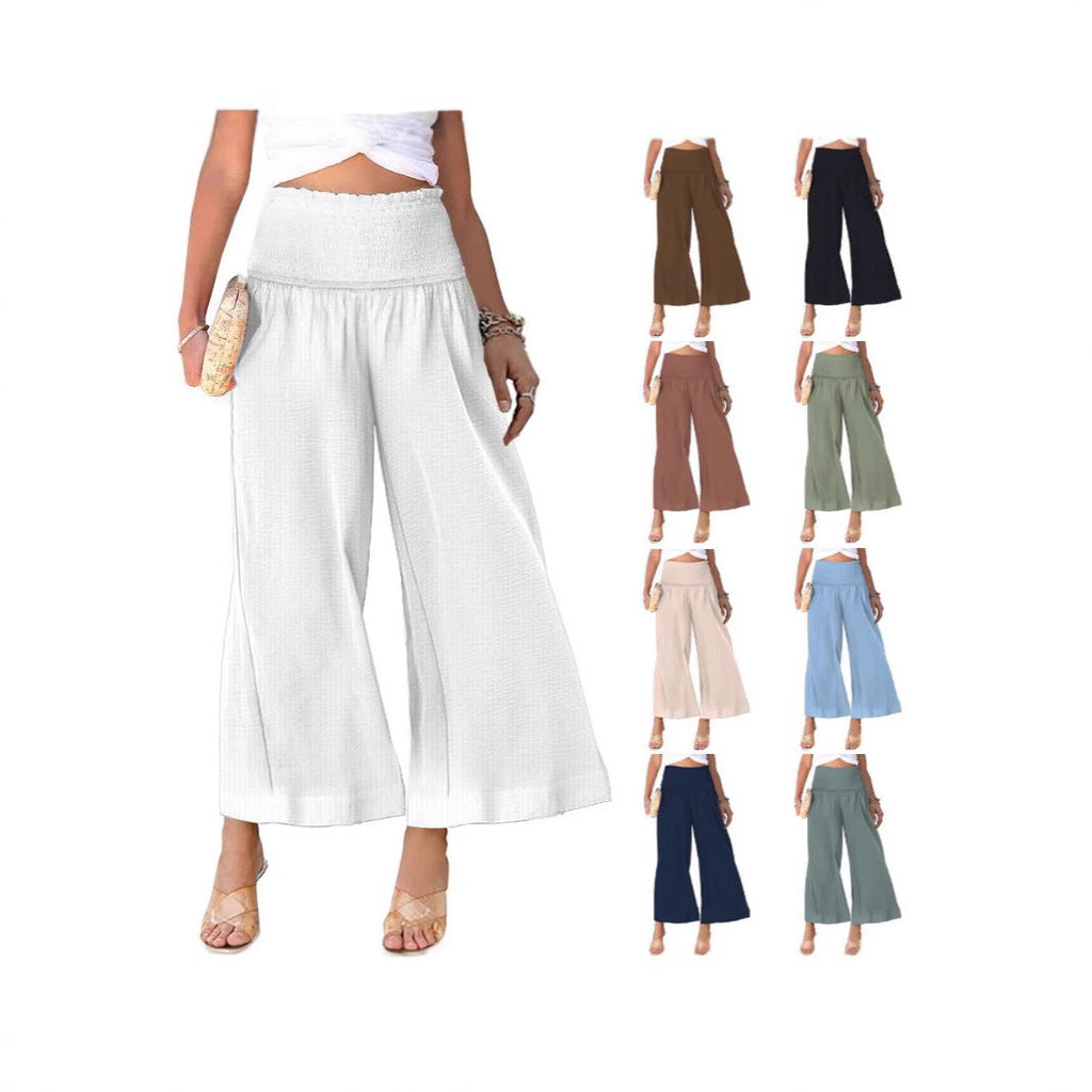 Women's wide-leg culotte trousers with elasticated waistband and side pockets, size