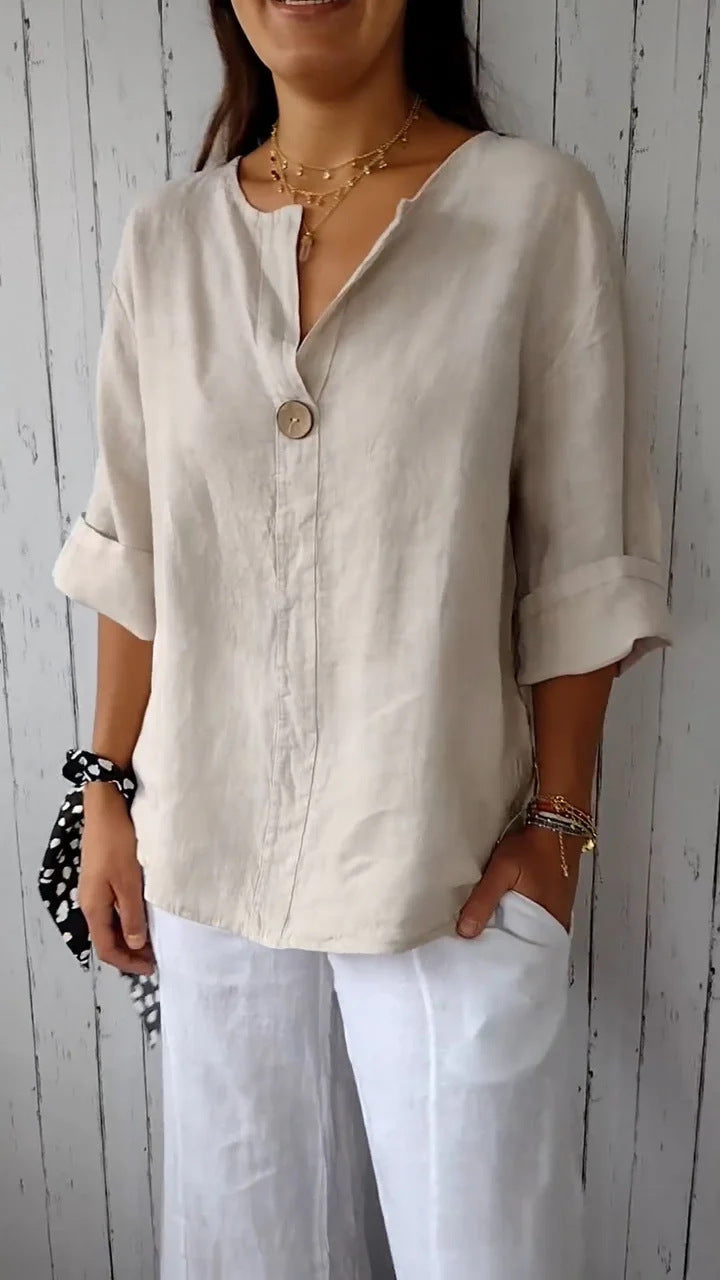 Women's lightweight linen blouse with button detail and roll-up sleeves, size [size]