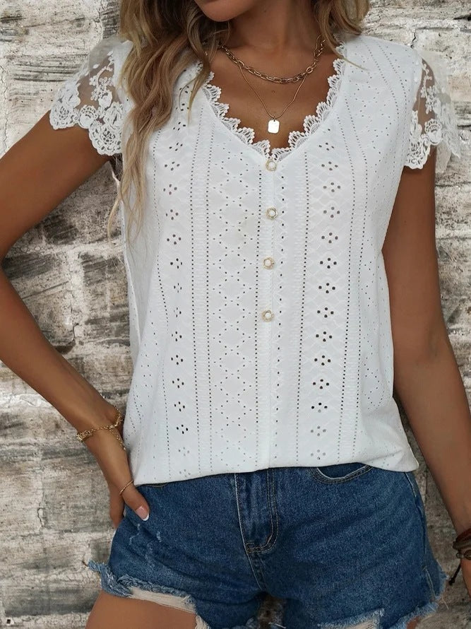 Women's blouse with romantic ruffles and unique eyelet embroidery, size