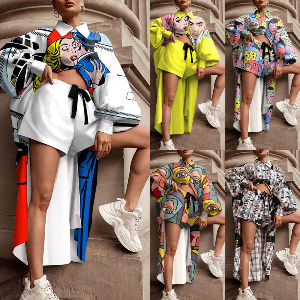 Damen-Oversize-Hemd mit Grafikprint und Shorts-Kombination, Größe S