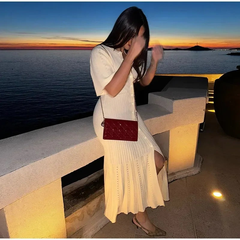 Women's knitted dress with casual puff sleeves, size