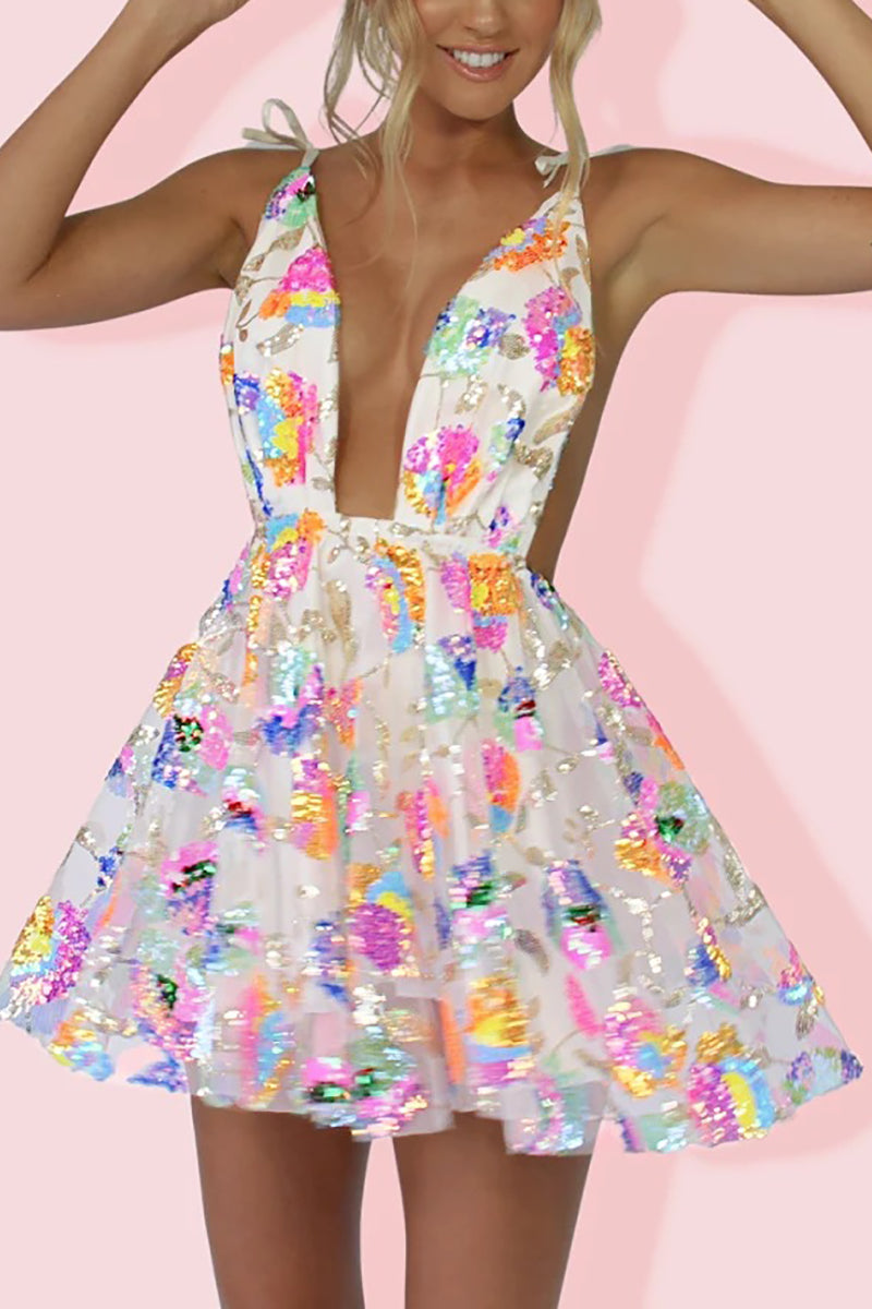 Valenzora | Rainbow Sequin Open Back Slip Mini Dress
