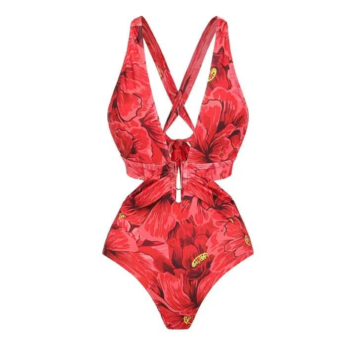 Women's swimsuit and maxi skirt set with floral accents and elegant ruffle details, size [size]