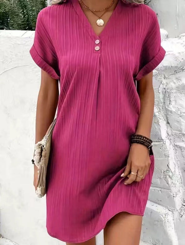 Women's short-sleeved dress with button placket and fine vertical stripe pattern, size