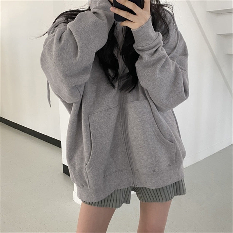 Valenzora Zip-up Oversized Solid Pocket Hooded Long Sleeve Loose Baseball Jacket