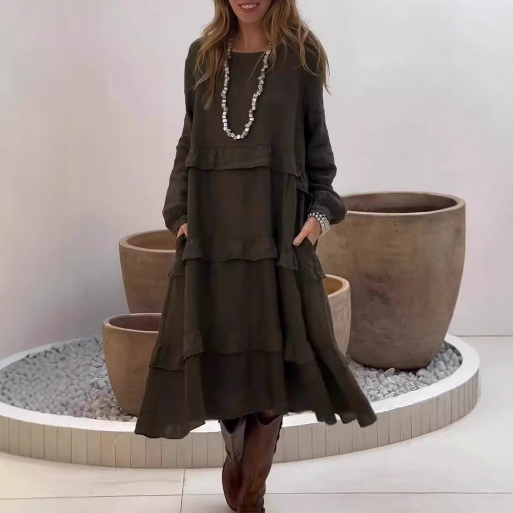 Valenzora | Ruffled round neck long-sleeved dress